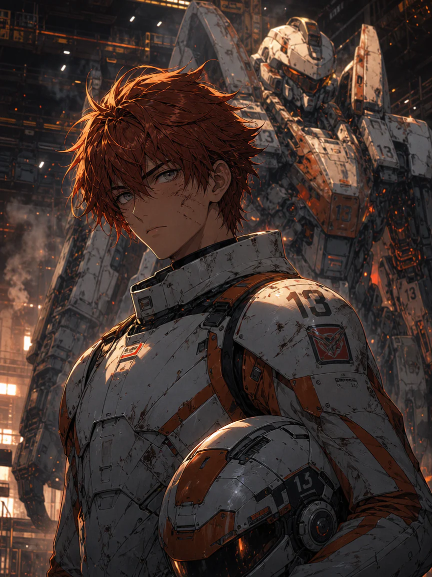 Red-haired mecha pilot in orange-and-white armor inside a hangar