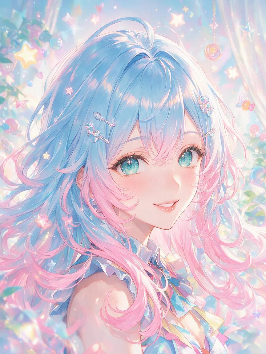 Pastel blue-and-pink-haired anime idol surrounded by stars and bubbles