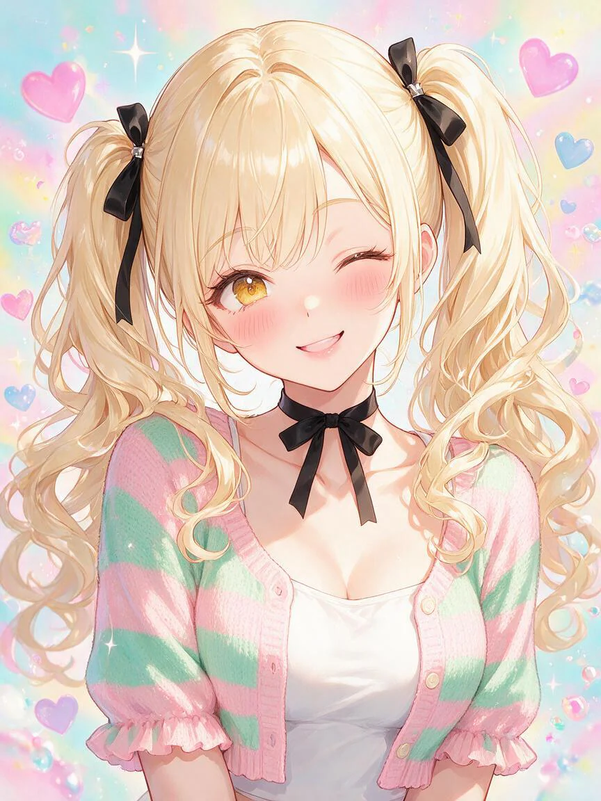 Blonde twin-tail anime girl with black ribbons and pastel hearts