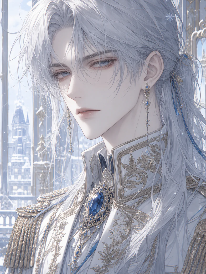 Silver-haired anime prince in ornate white and blue formalwear