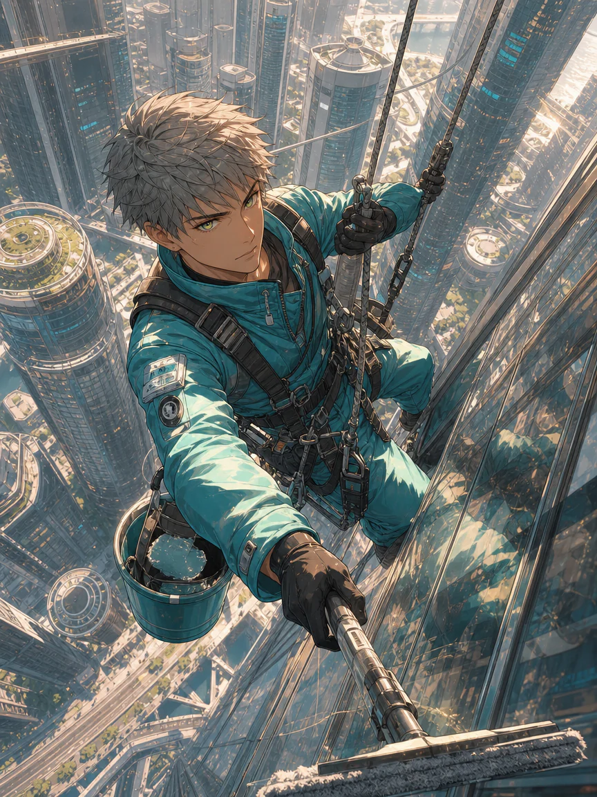 Anime high-rise climber suspended above a futuristic city