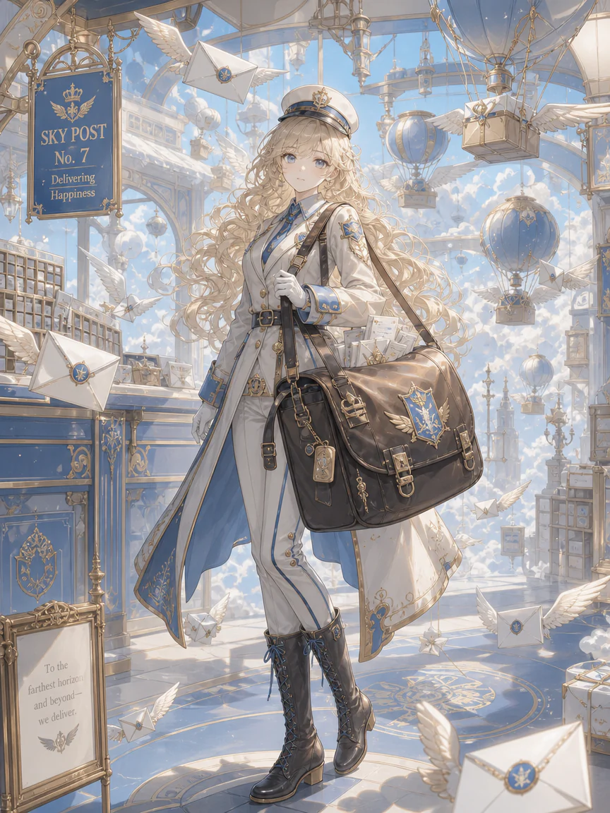 Blonde anime sky-post courier surrounded by winged letters