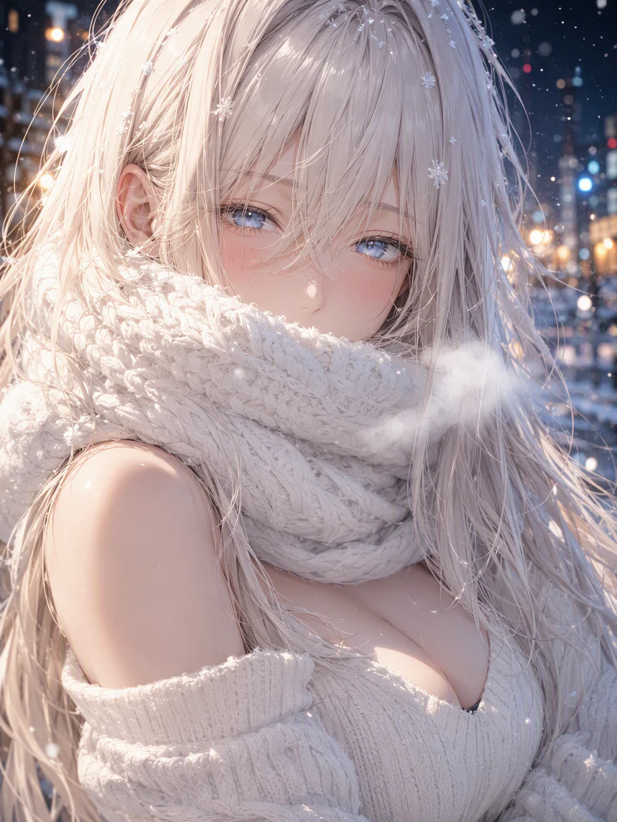 White-haired anime woman wrapped in a thick scarf during snowfall