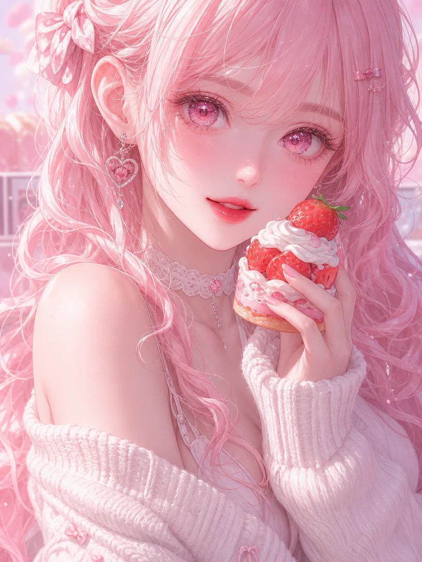 Pink-haired anime girl holding a strawberry cream pastry