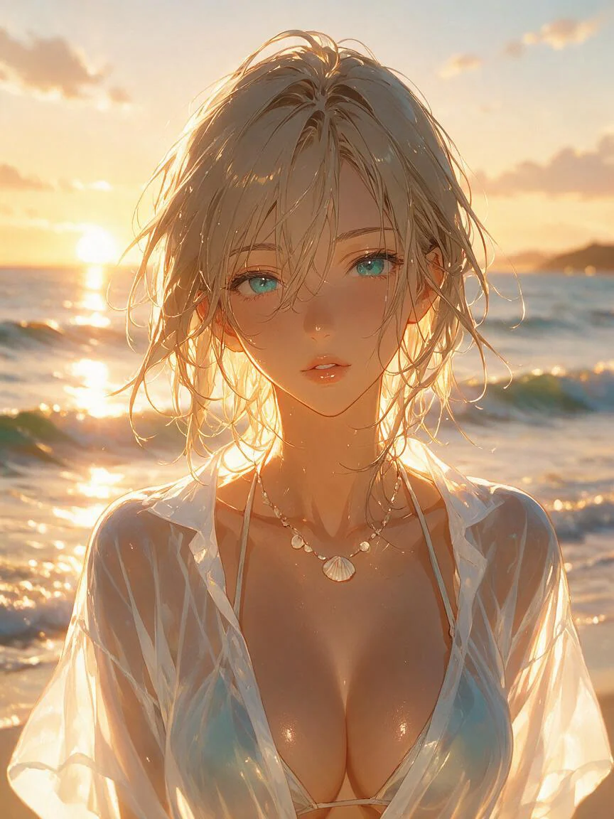 Wet-haired anime woman standing by the ocean at sunset