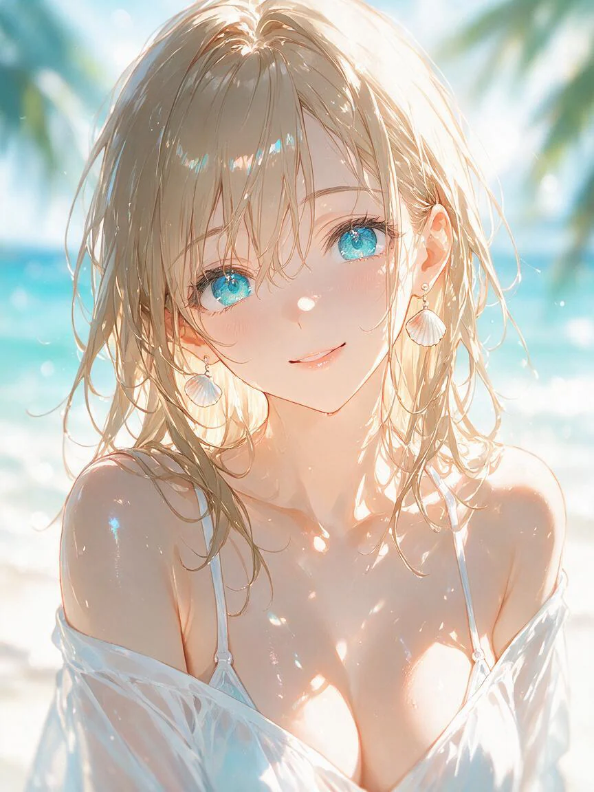 Brown-haired anime woman in soft sunlight beside a tropical beach
