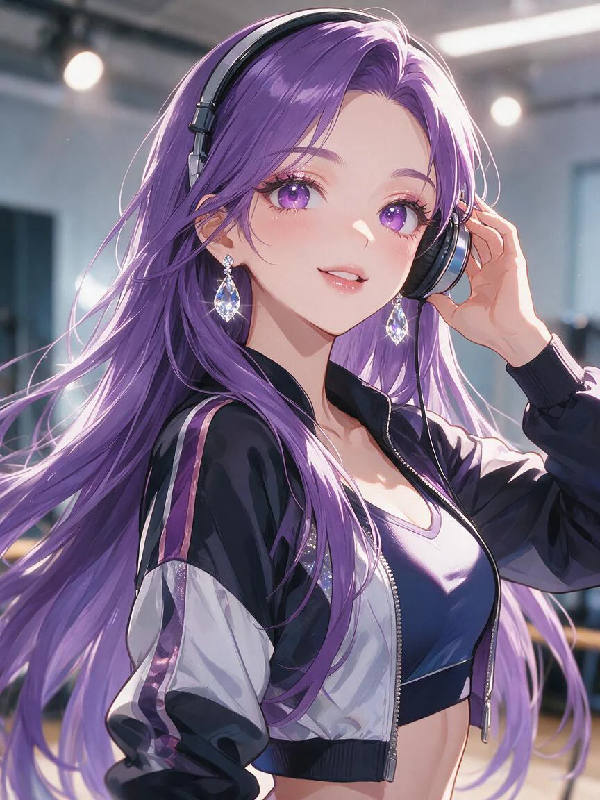 Purple-haired anime DJ wearing headphones in a recording studio