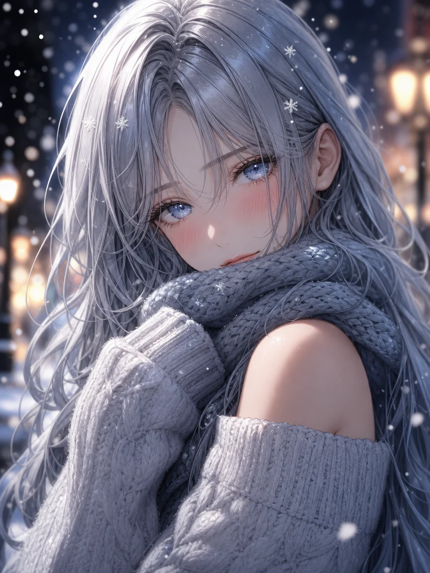 Silver-haired anime woman in a gray scarf under falling snow