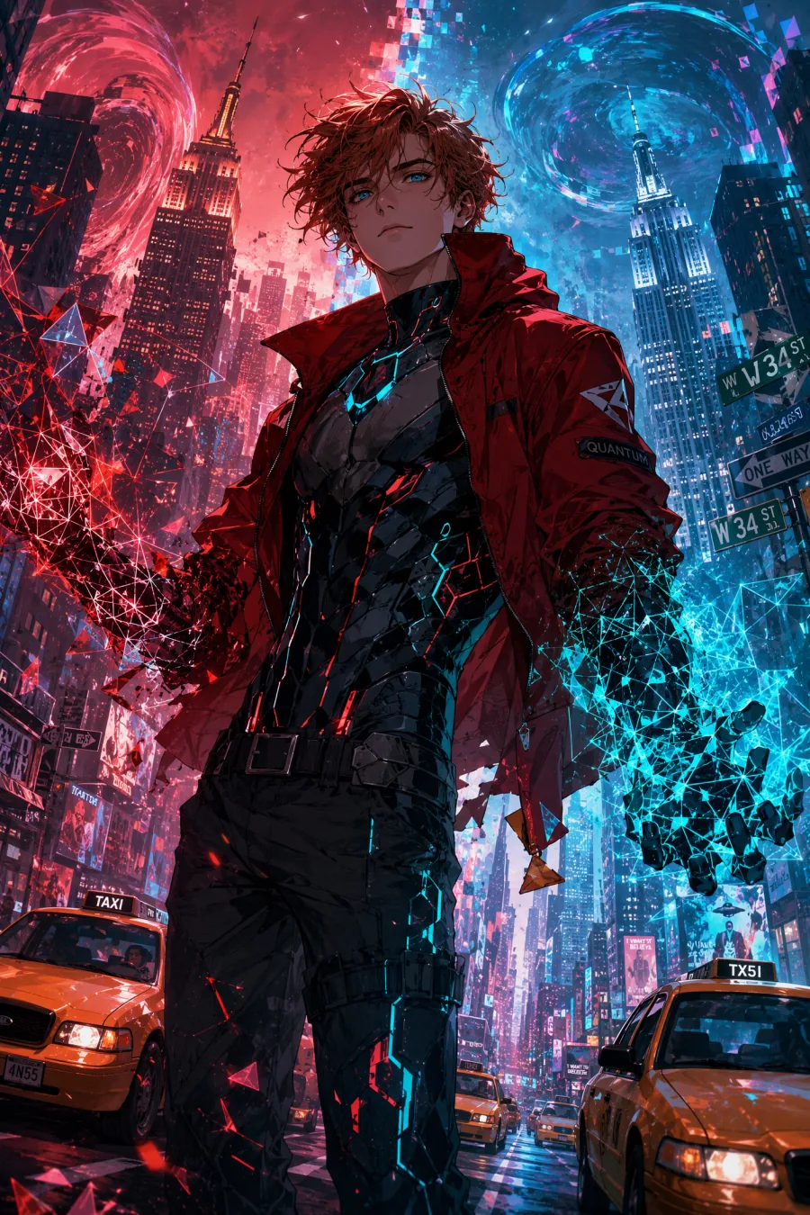 Red-haired quantum superhero original anime character controlling red and blue energy