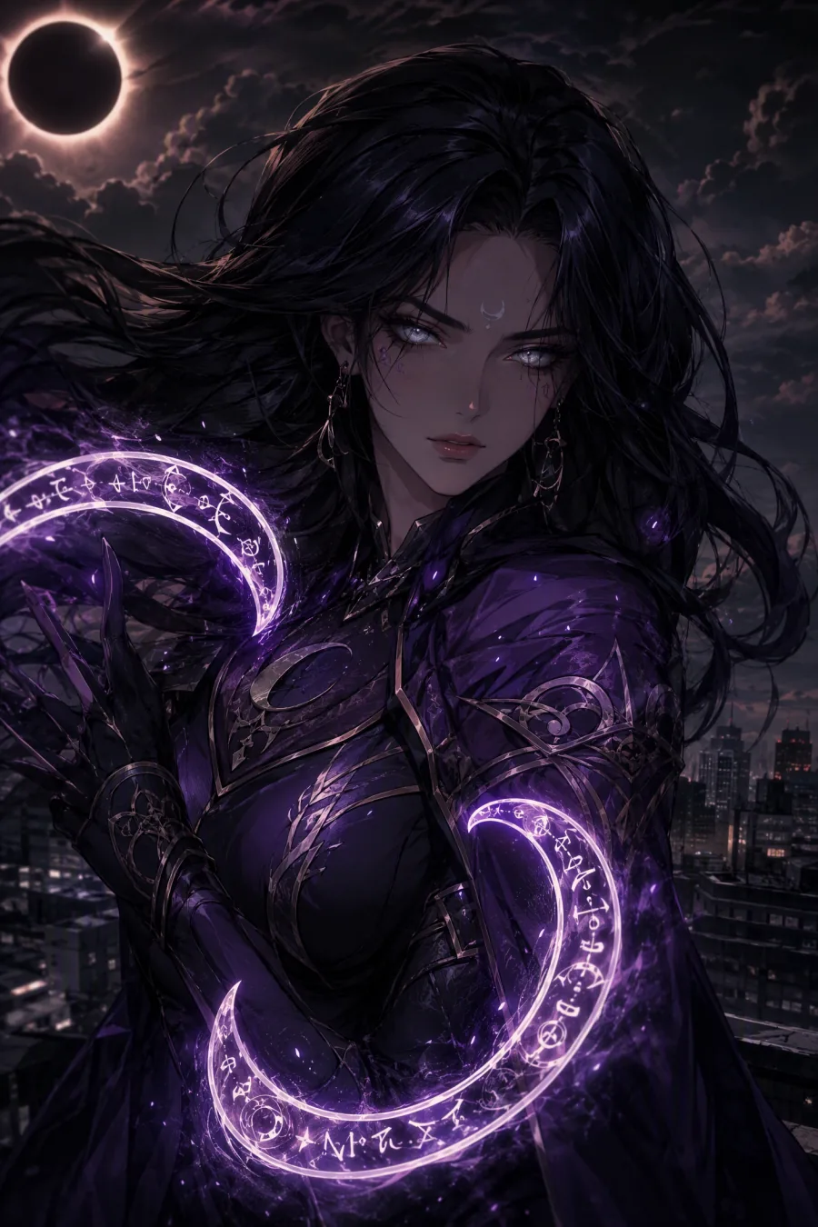 Dark-haired cosmic sorceress original anime character casting violet eclipse magic