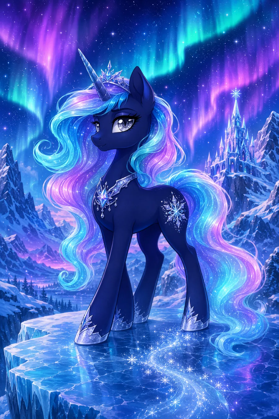 Midnight-blue unicorn princess original character beneath a colorful aurora