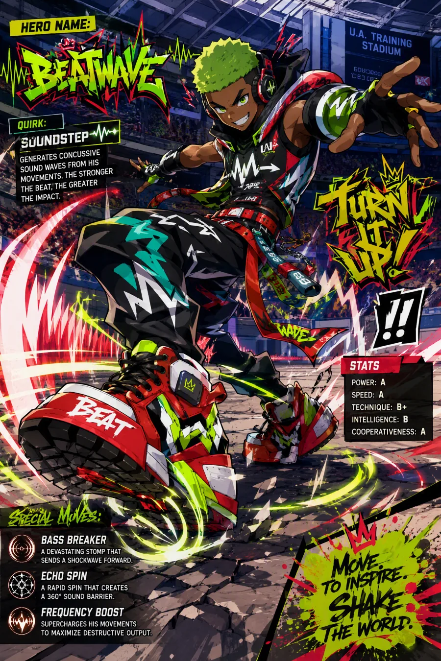 Green-haired academy hero original anime character using soundwave powers