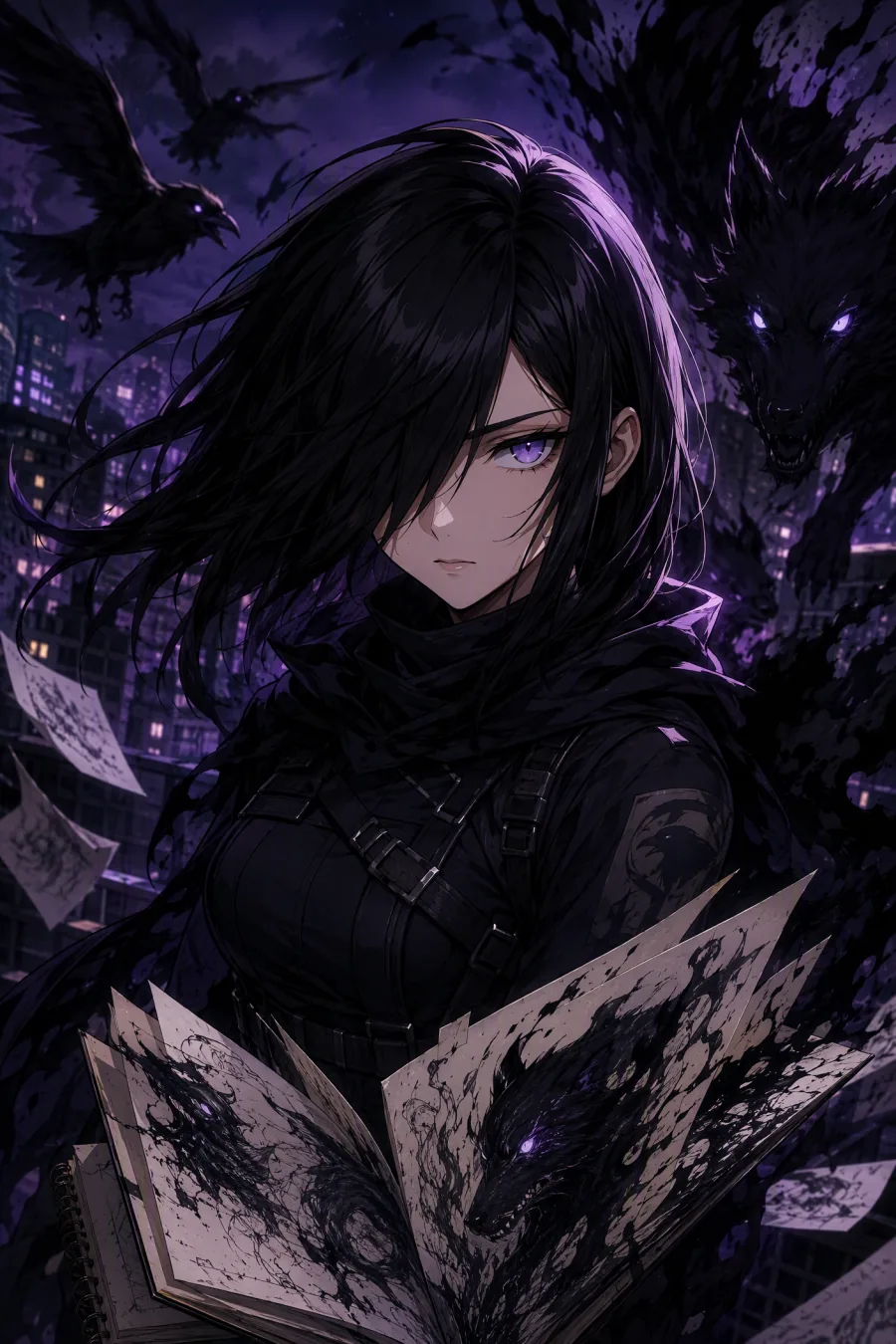 Black-haired academy hero original anime character summoning ink ravens from a sketchbook