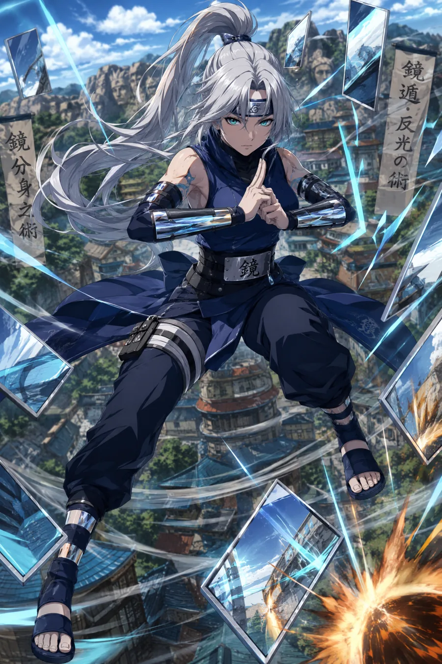 Silver-haired mirror-style shinobi original anime character above a mountain village