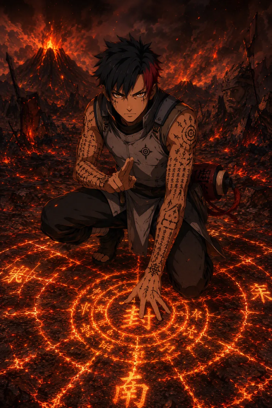 Dark-haired seal warrior original anime character kneeling in a volcanic ritual circle