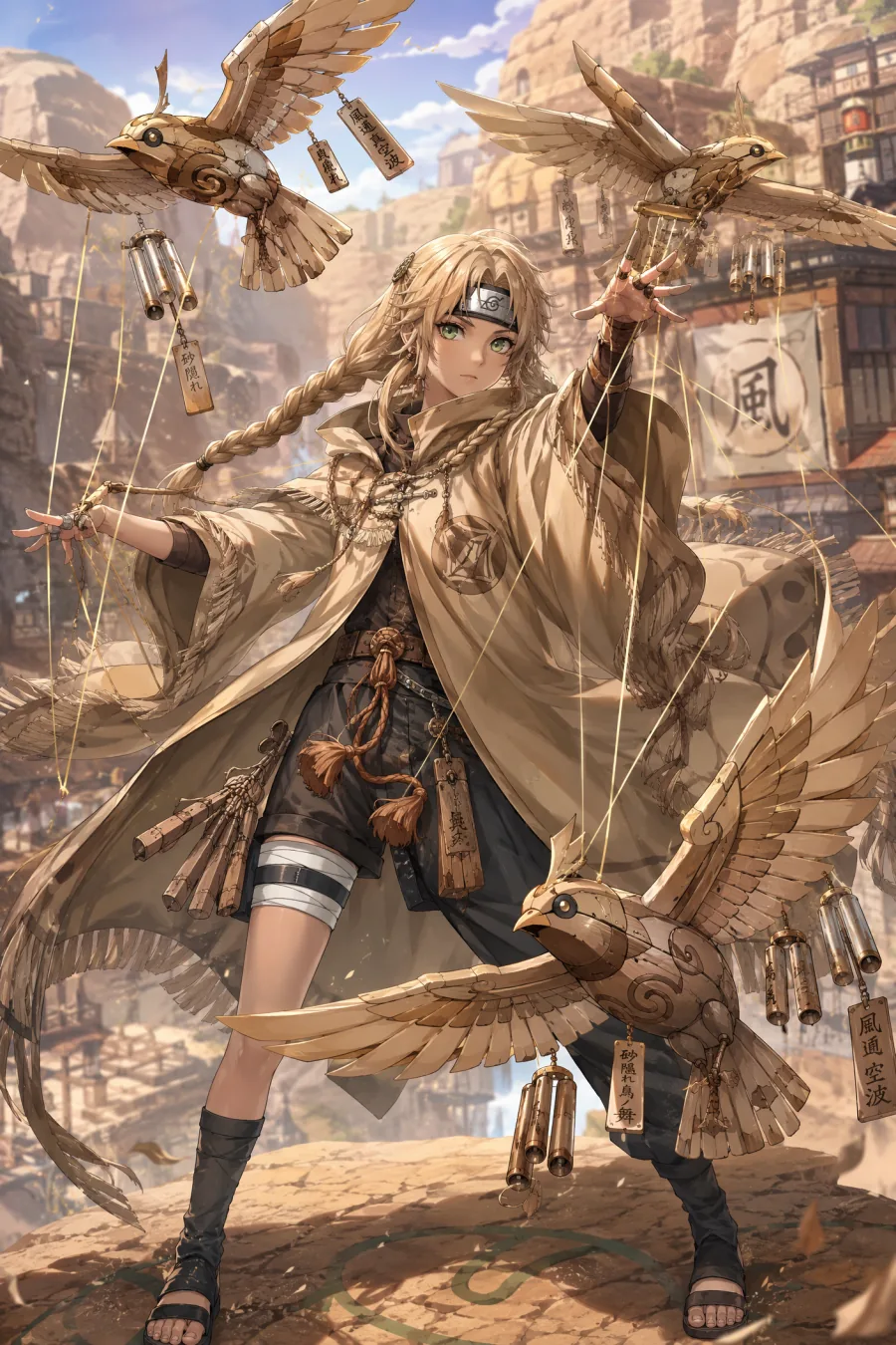 Blonde wind puppet shinobi original anime character controlling mechanical birds