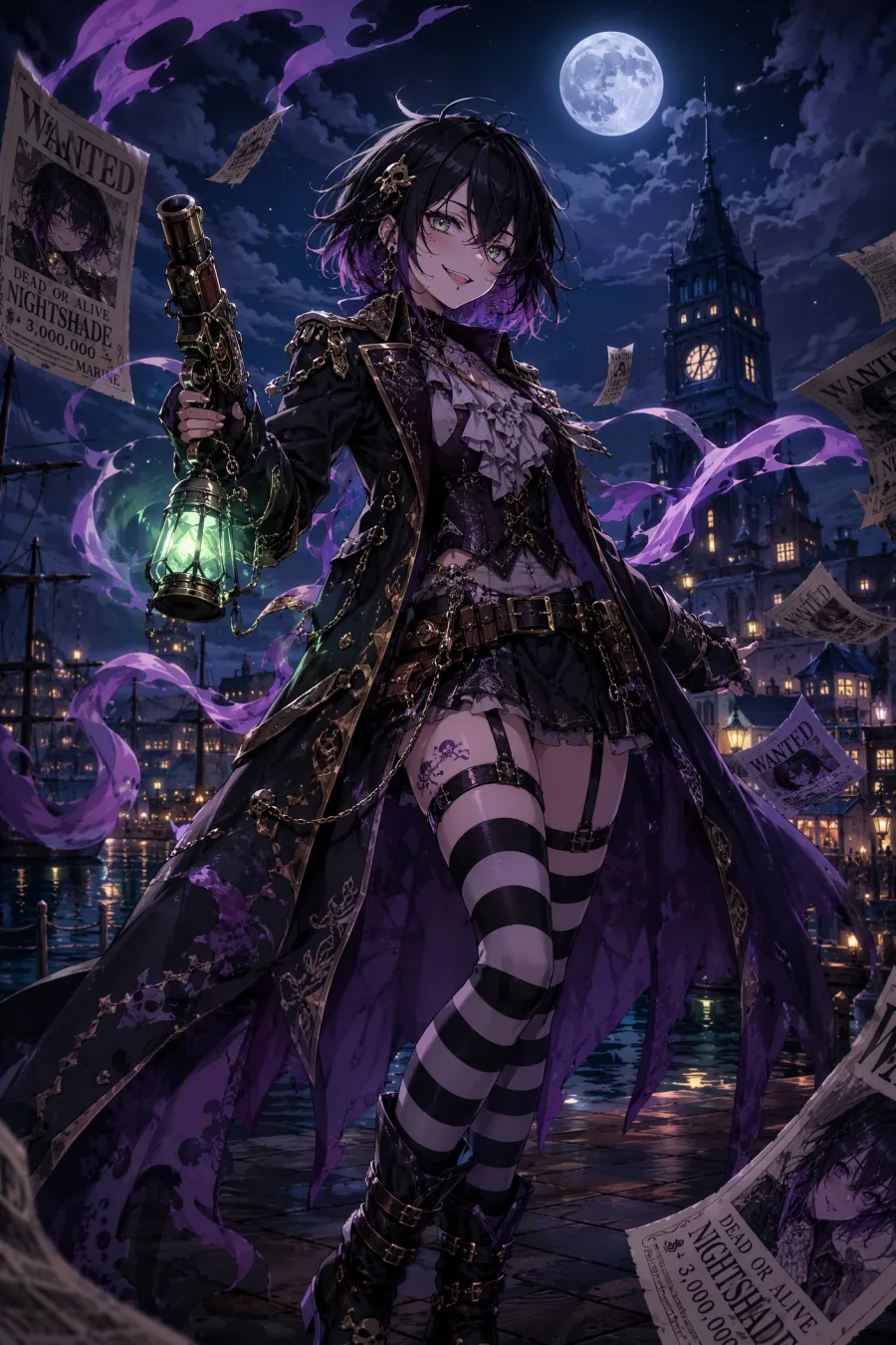 Purple-haired gothic pirate original anime character holding a pistol and lantern