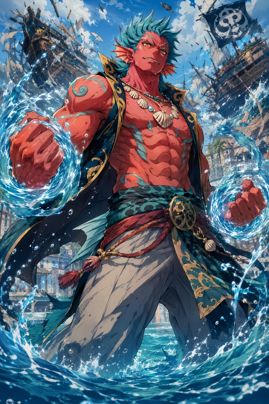 Red-skinned fish-man pirate original anime character commanding ocean currents