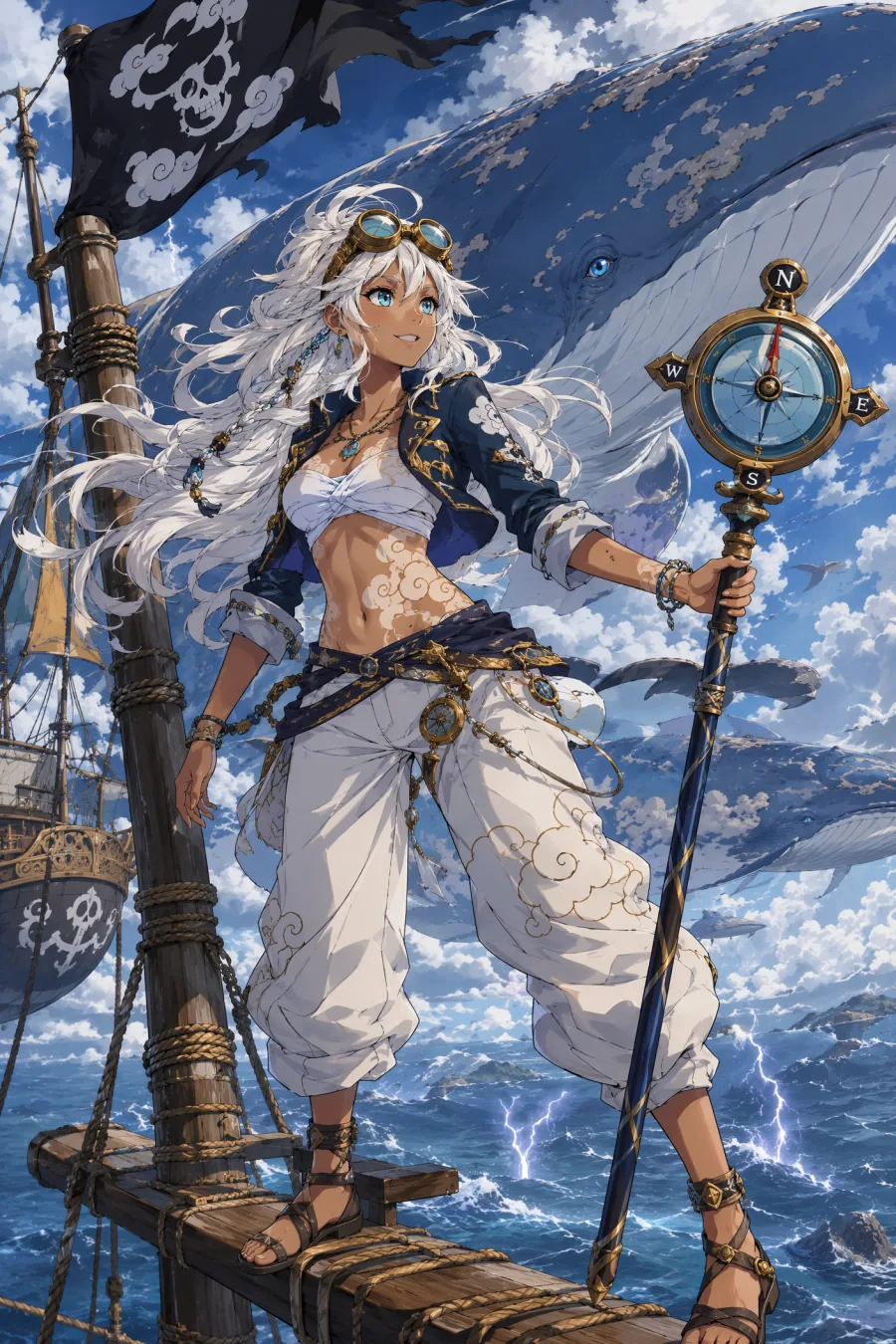 White-haired pirate navigator original anime character standing before a giant sky whale