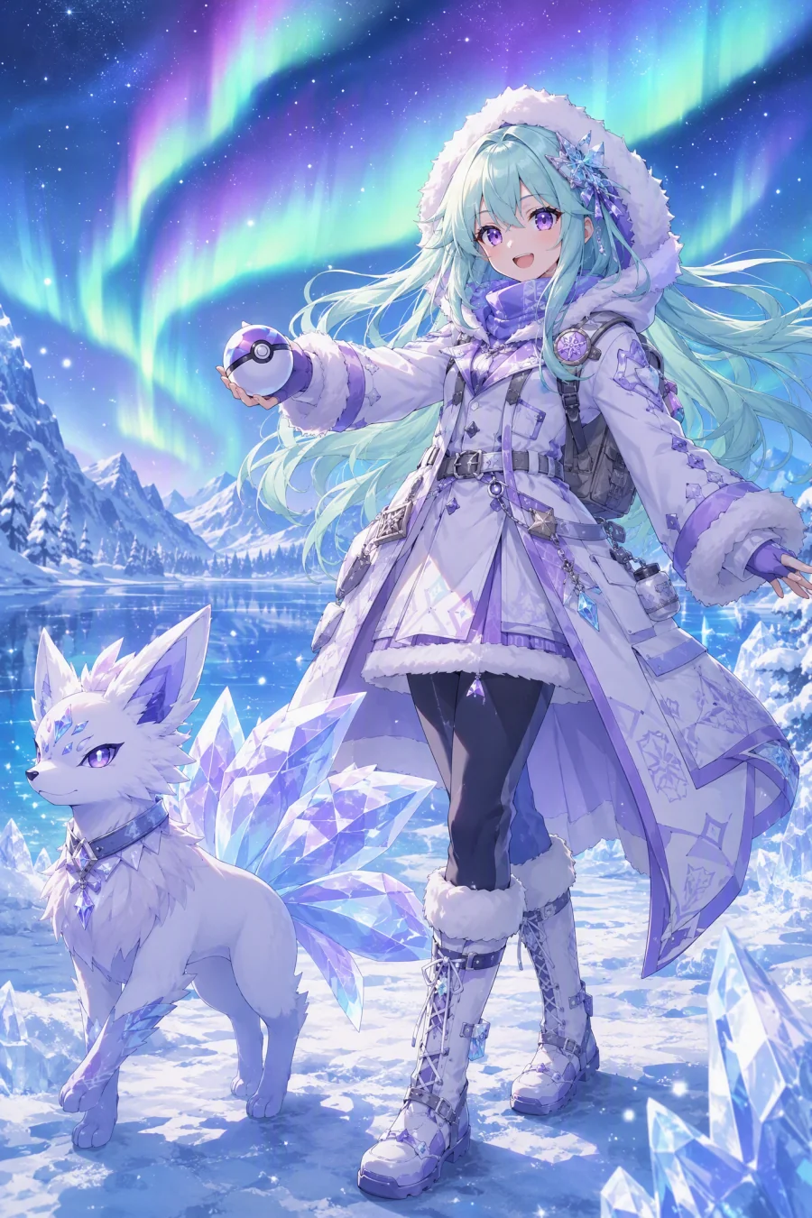 Ice-themed creature trainer original anime character beneath an aurora