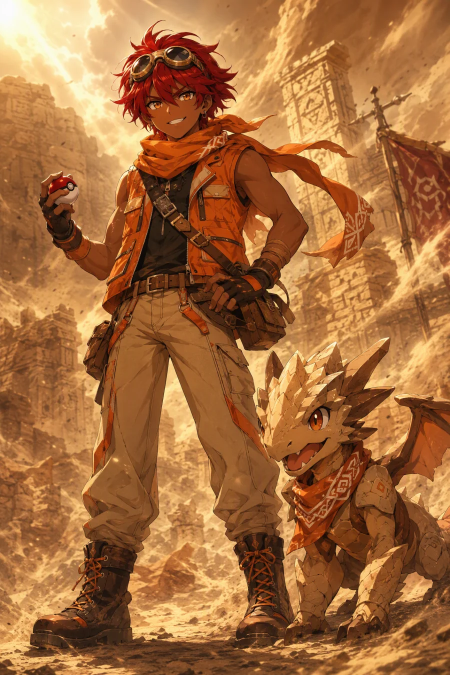 Red-haired desert creature trainer original anime character with a small rock dragon