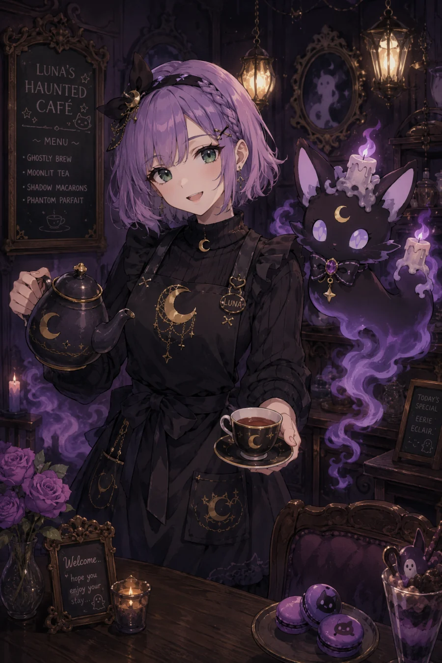 Purple-haired occult café keeper original anime character with a ghost cat companion
