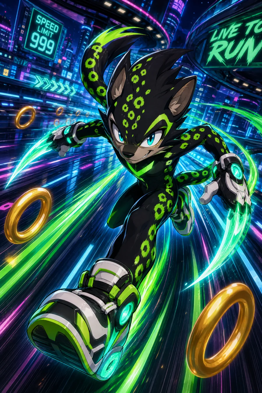 Black and neon green speed hero original character racing through a futuristic city