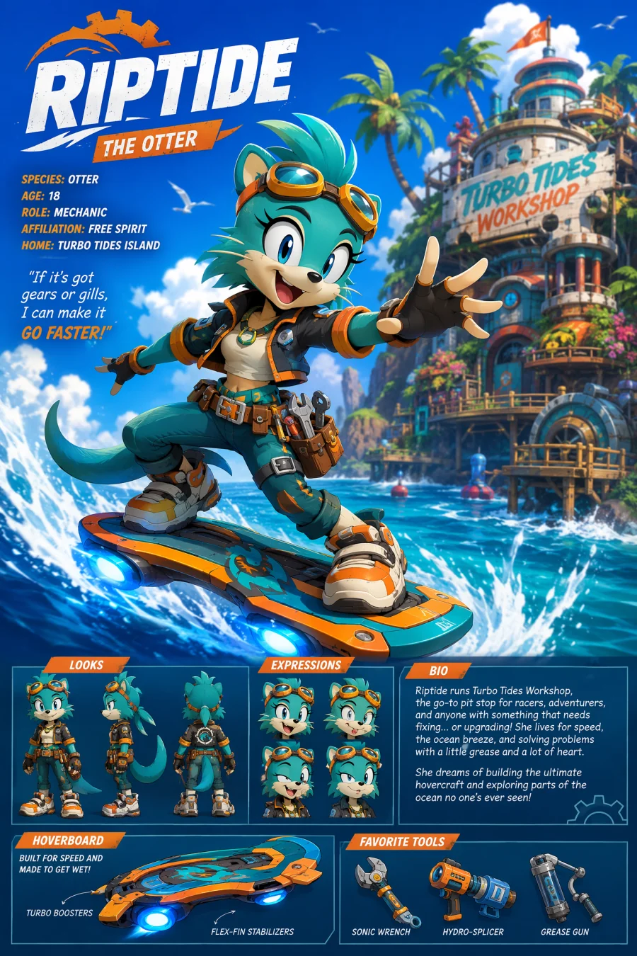 Teal otter mechanic original character riding a hoverboard over tropical waves