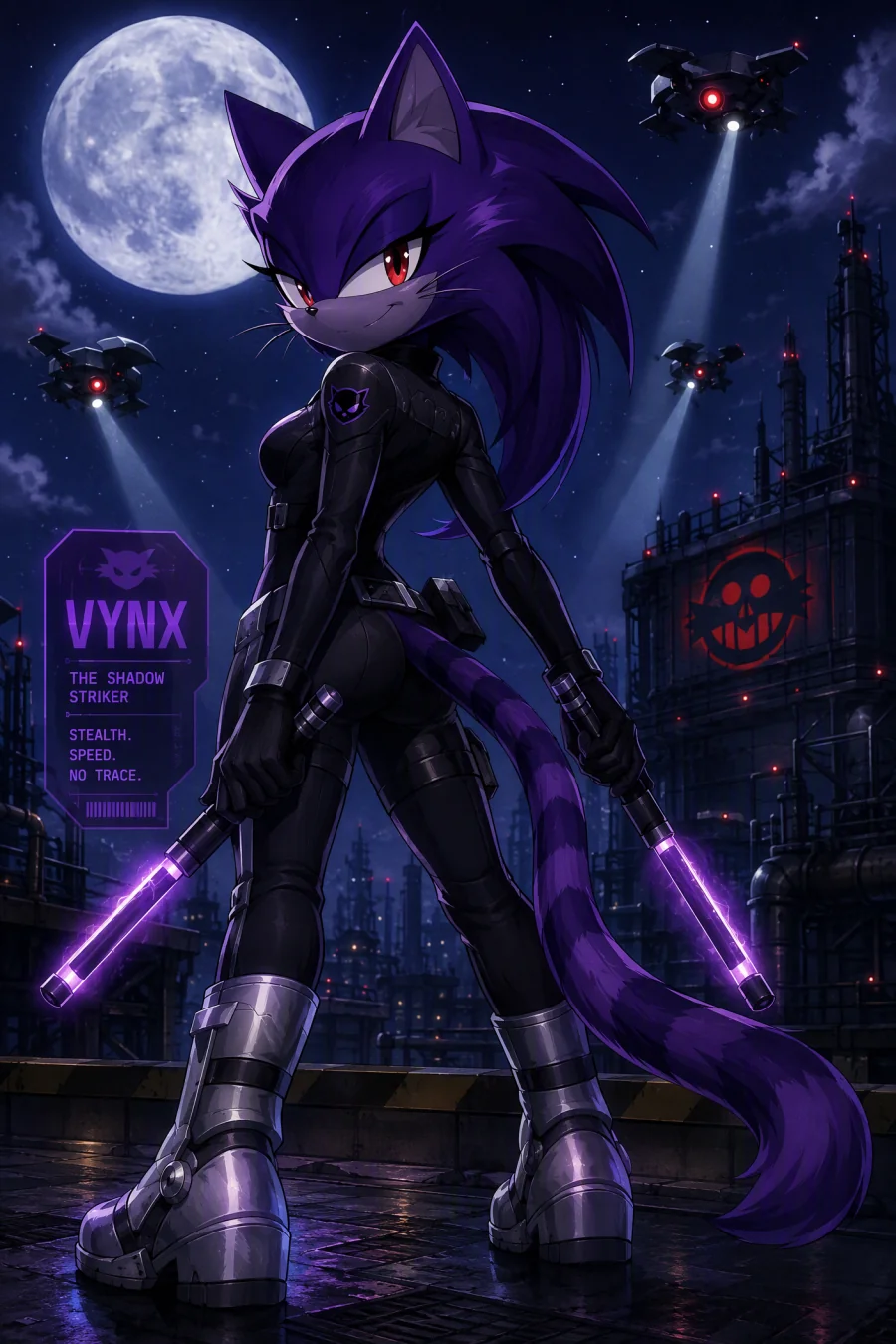 Purple stealth speed hero original character on a moonlit industrial rooftop
