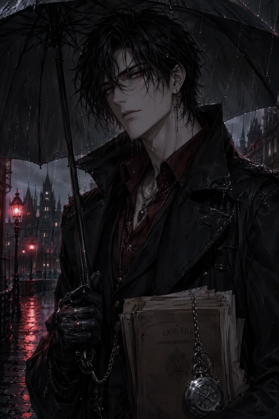 Dark-haired vampire detective original anime character standing in the rain