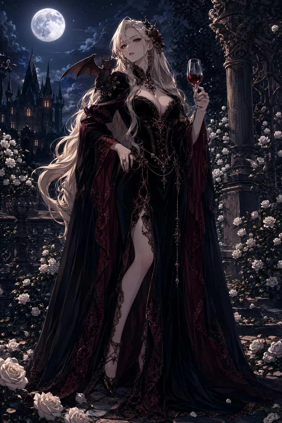 Regal blonde vampire original anime character in a moonlit rose garden