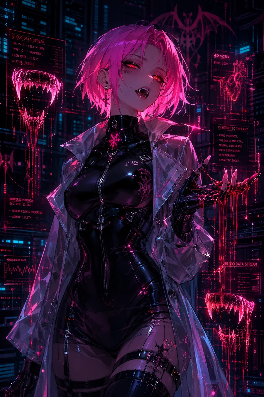 Pink-haired cyber vampire original anime character surrounded by holographic displays