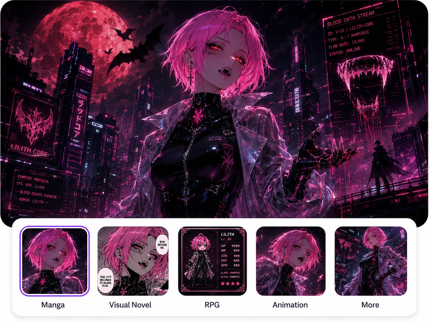 Cyberpunk vampire anime OC adapted for manga, visual novels, RPGs, and animation