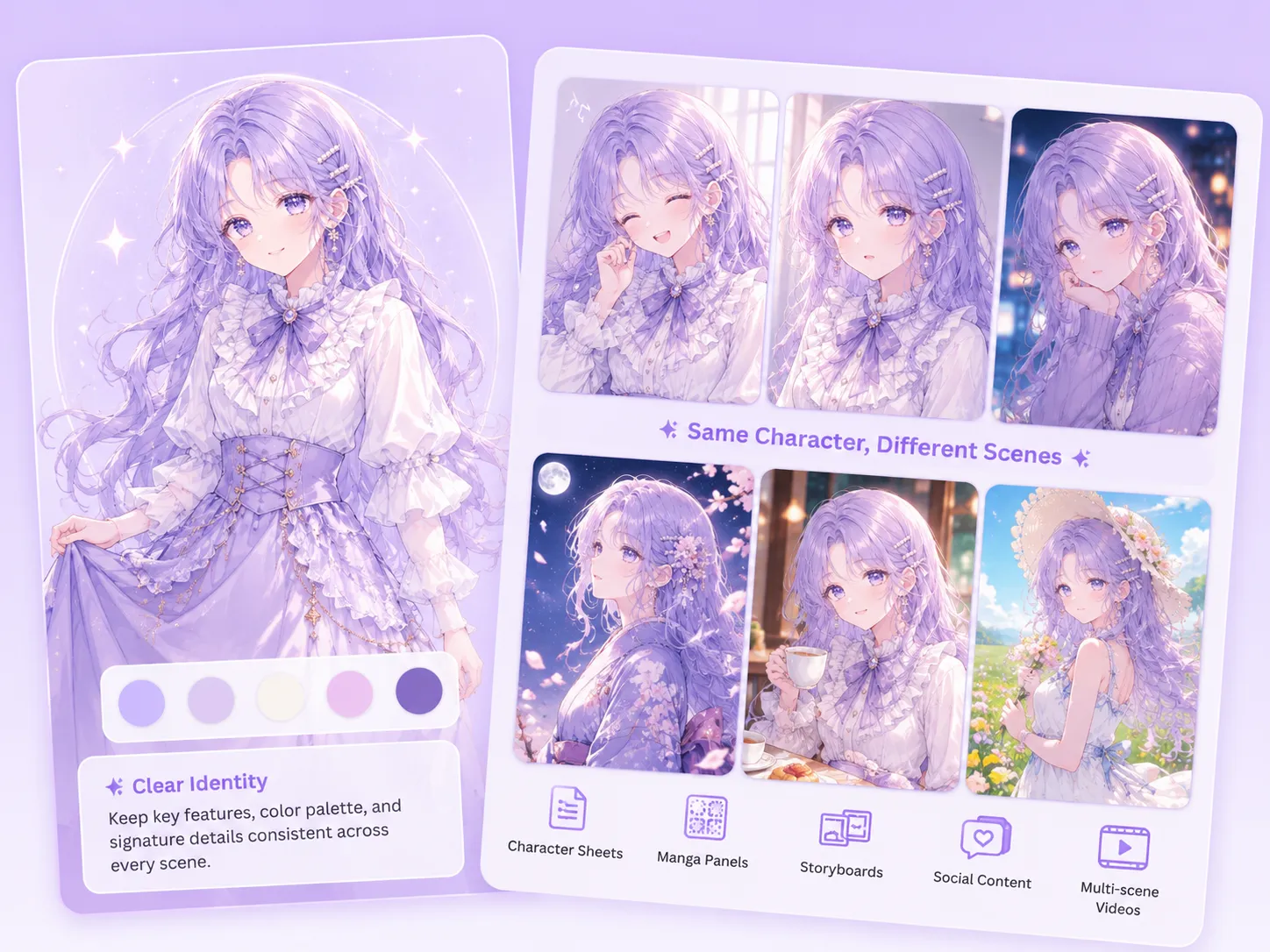 Lavender-haired anime OC shown consistently across expressions, outfits, and multiple scenes