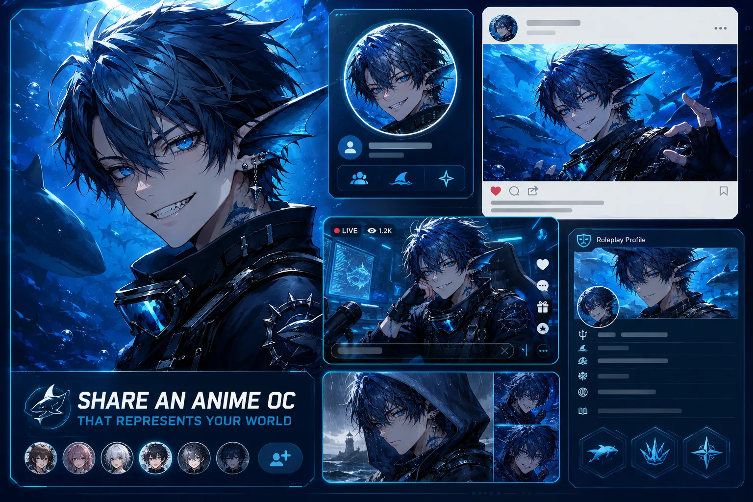 Blue ocean-inspired anime OC presented across social profiles, livestreams, and roleplay communities