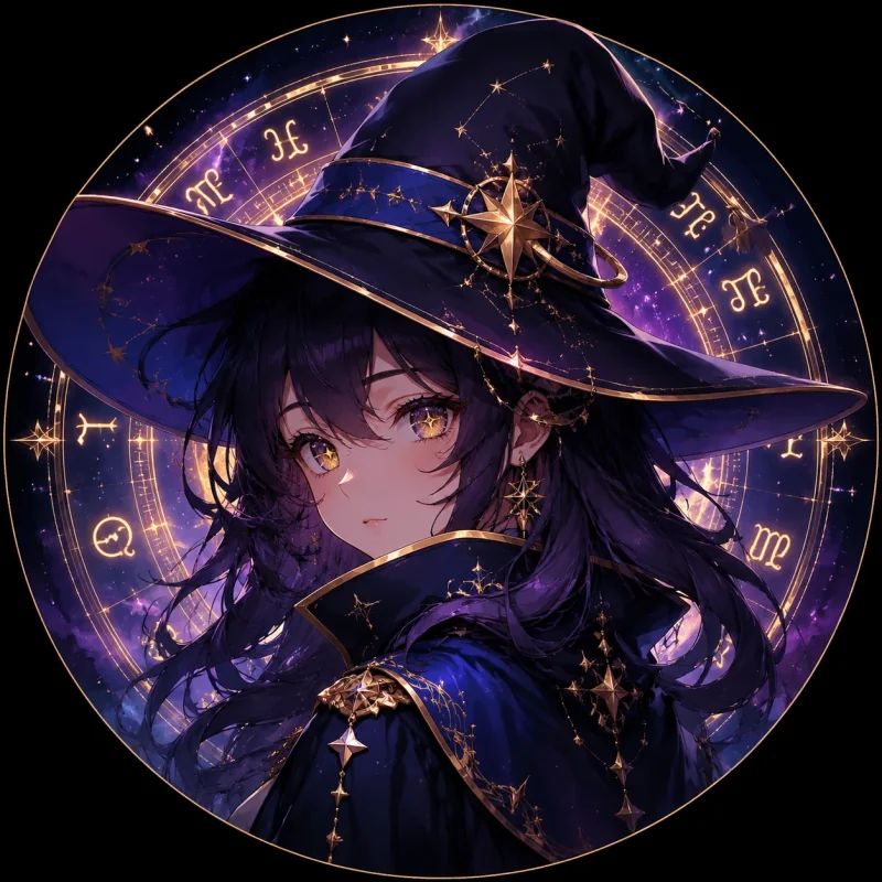 Celestial witch anime profile picture with zodiac circle