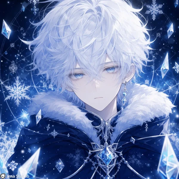 White-haired ice prince anime profile picture with snowflakes