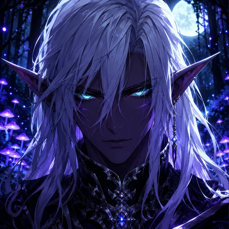 White-haired dark elf anime profile picture under moonlight