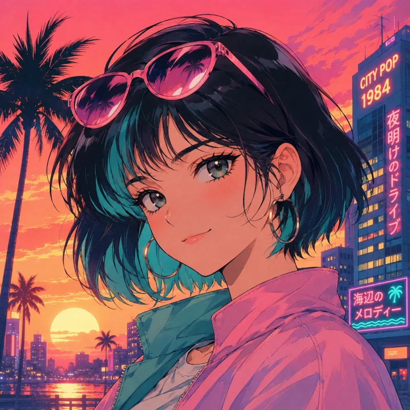 Retro city-pop anime girl profile picture at sunset