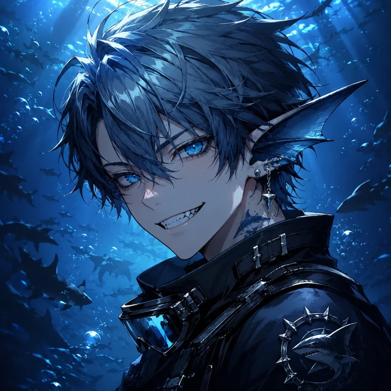Blue-haired shark elf anime profile picture underwater