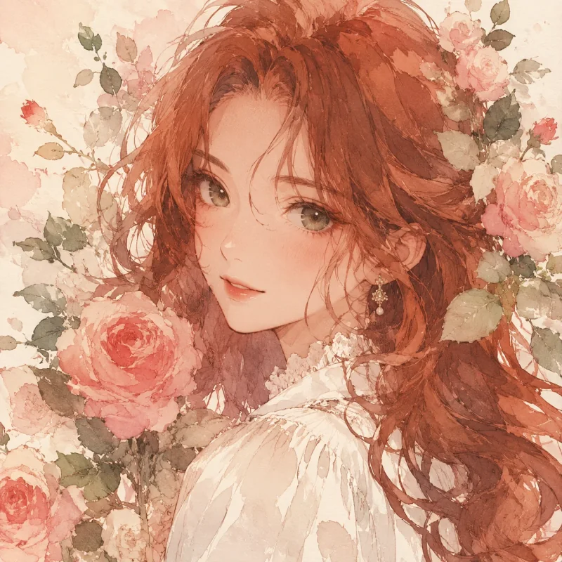 Watercolor red-haired anime girl profile picture with roses