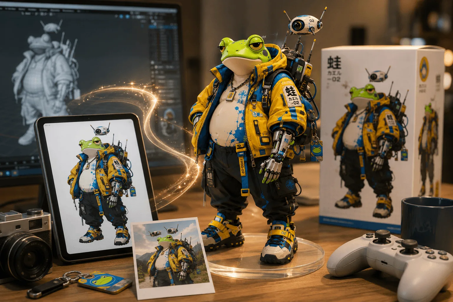 Frog cyborg collectible figure designed with the LumeArt AI Action Figure Generator