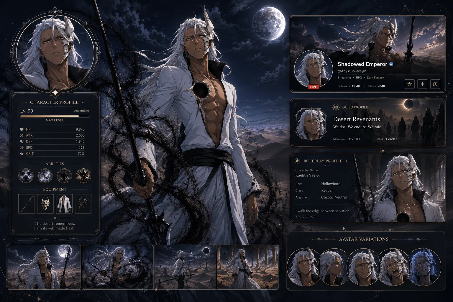 Dark fantasy gaming avatar board with a white-haired character, RPG profile, streaming banner, guild identity and roleplay variations