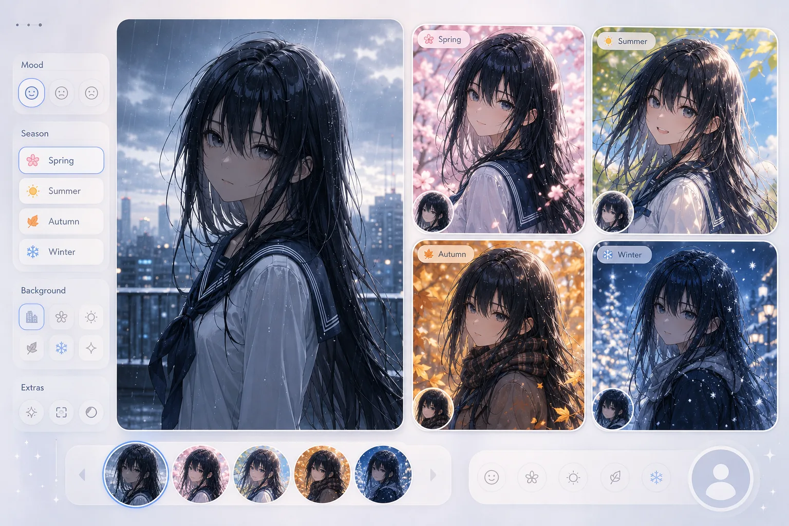 Anime profile picture customization board showing one character refreshed for spring, summer, autumn and winter moods