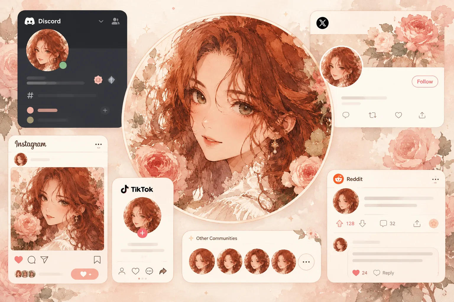 Consistent floral anime profile picture displayed across Discord, X, Instagram, TikTok, Reddit and other online communities