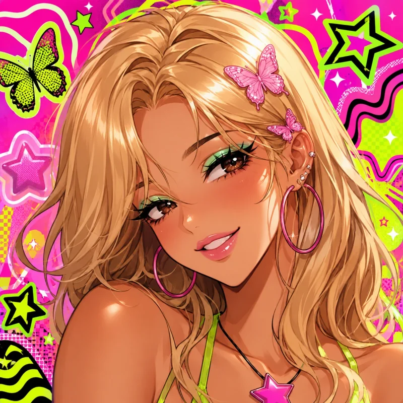 Blonde city-pop anime girl profile picture with neon graphics