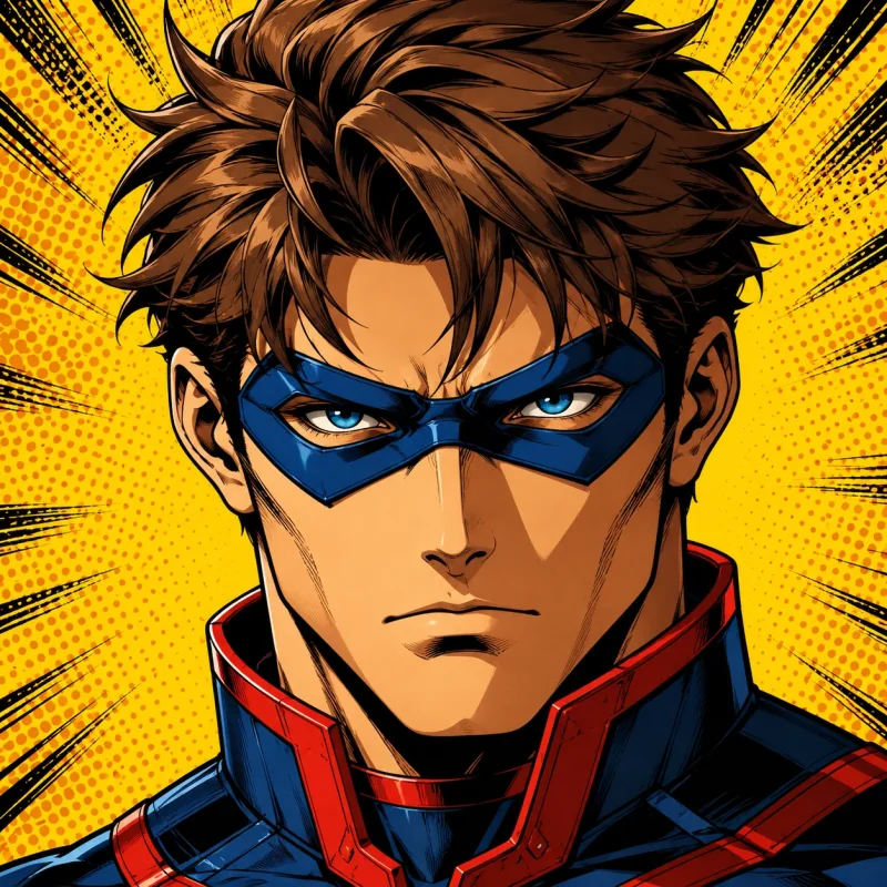 Masked anime superhero profile picture in comic-book style