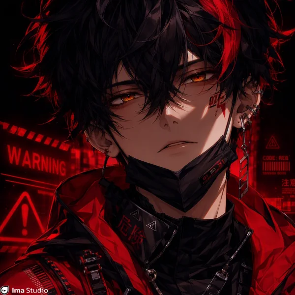 Black-haired red cyberpunk anime boy profile picture