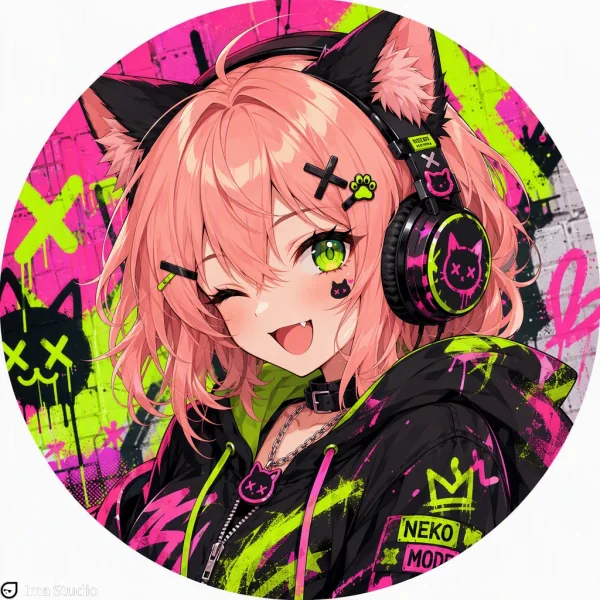Pink-haired neon neko anime profile picture with headphones
