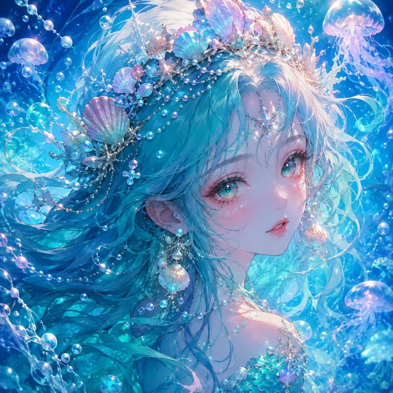Turquoise ocean princess anime profile picture with seashell crown